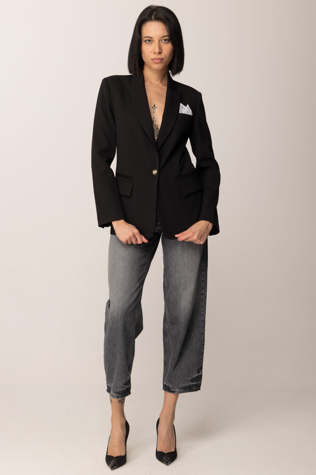 Elisabetta Franchi Giacca In Gabardina Di Cotone con Pochette GI17056E2 NERO