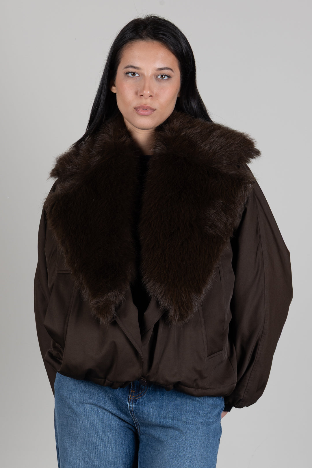 Twin-set Giacca In Gabardine con Collo In Faux Fur 262TP2181 DARKNESS BROWN