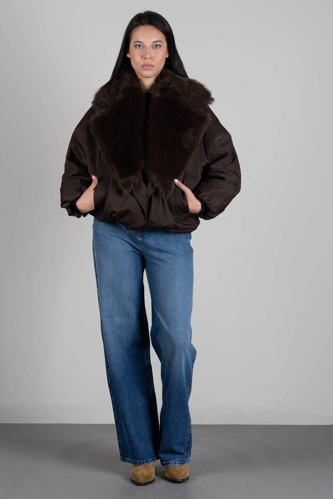 Twin-set Giacca In Gabardine con Collo In Faux Fur 262TP2181 DARKNESS BROWN