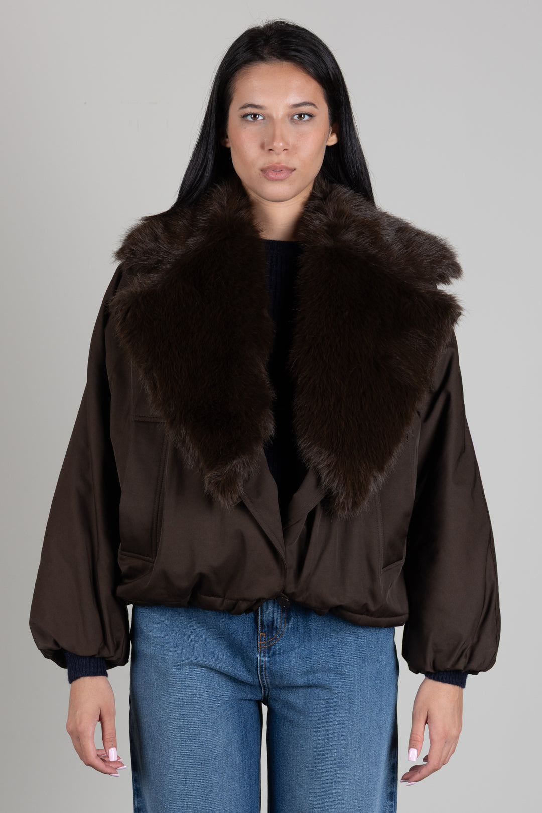 Twin-set Giacca In Gabardine con Collo In Faux Fur 262TP2181 DARKNESS BROWN