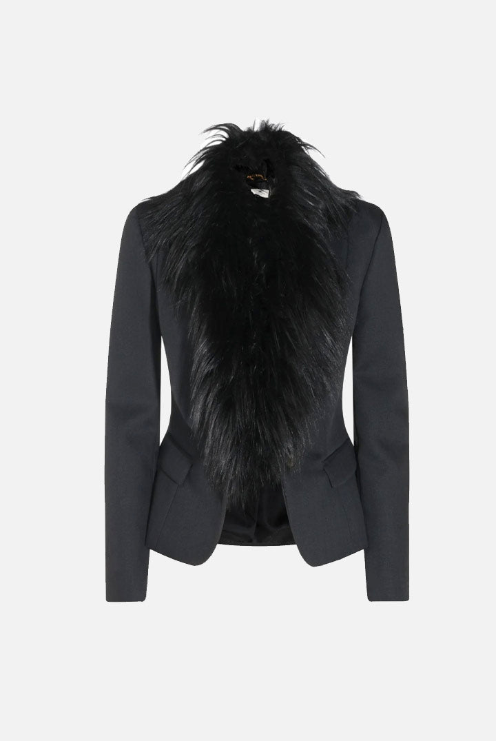 Elisabetta Franchi Giacca In Lana Vergine con Collo Effetto Pelliccia GI28967E2 NERO