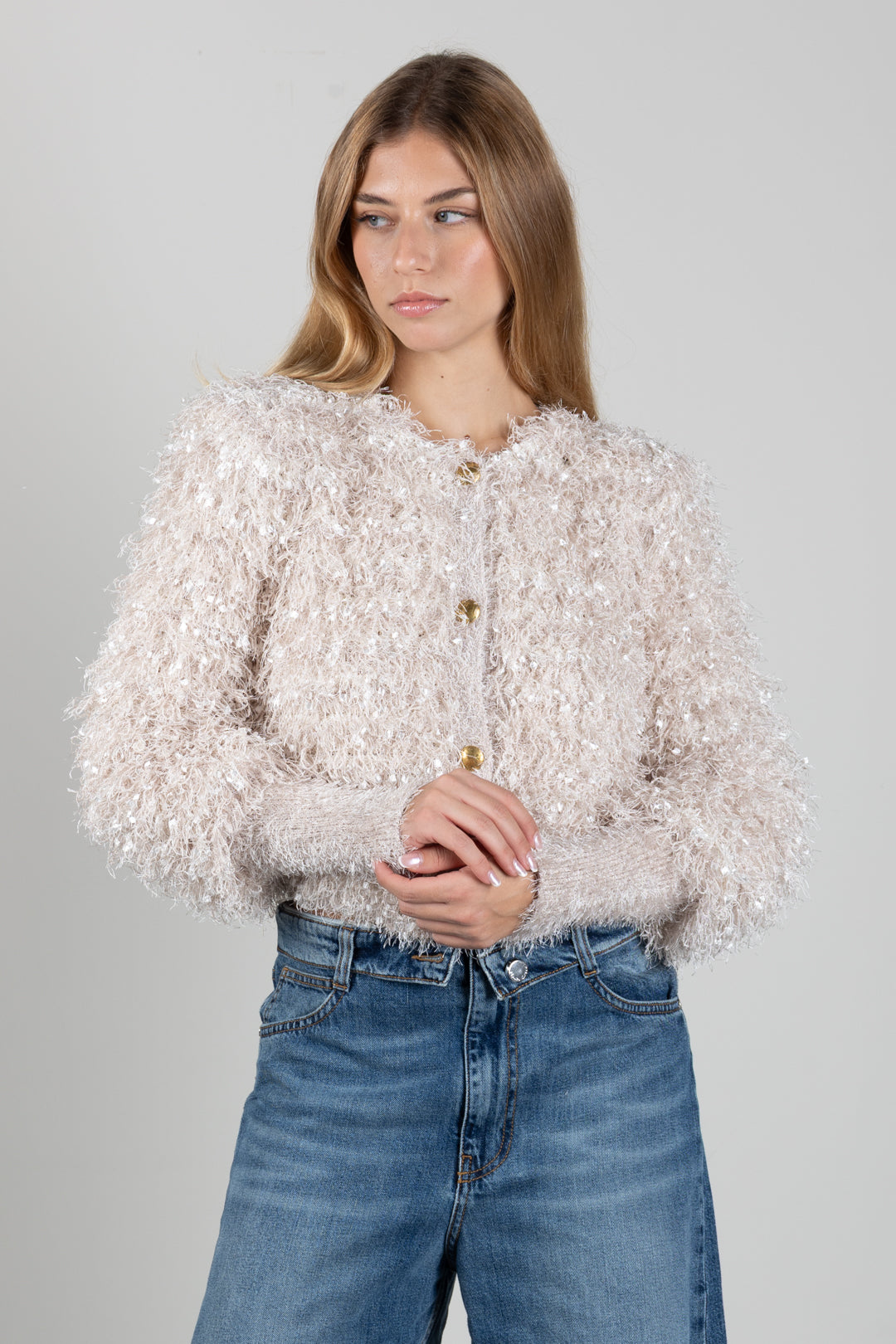 Twin-set Giacca In Maglia Effetto Pelliccia con Bottoni In Metallo 262TP3130 PARCHMENT SCURO