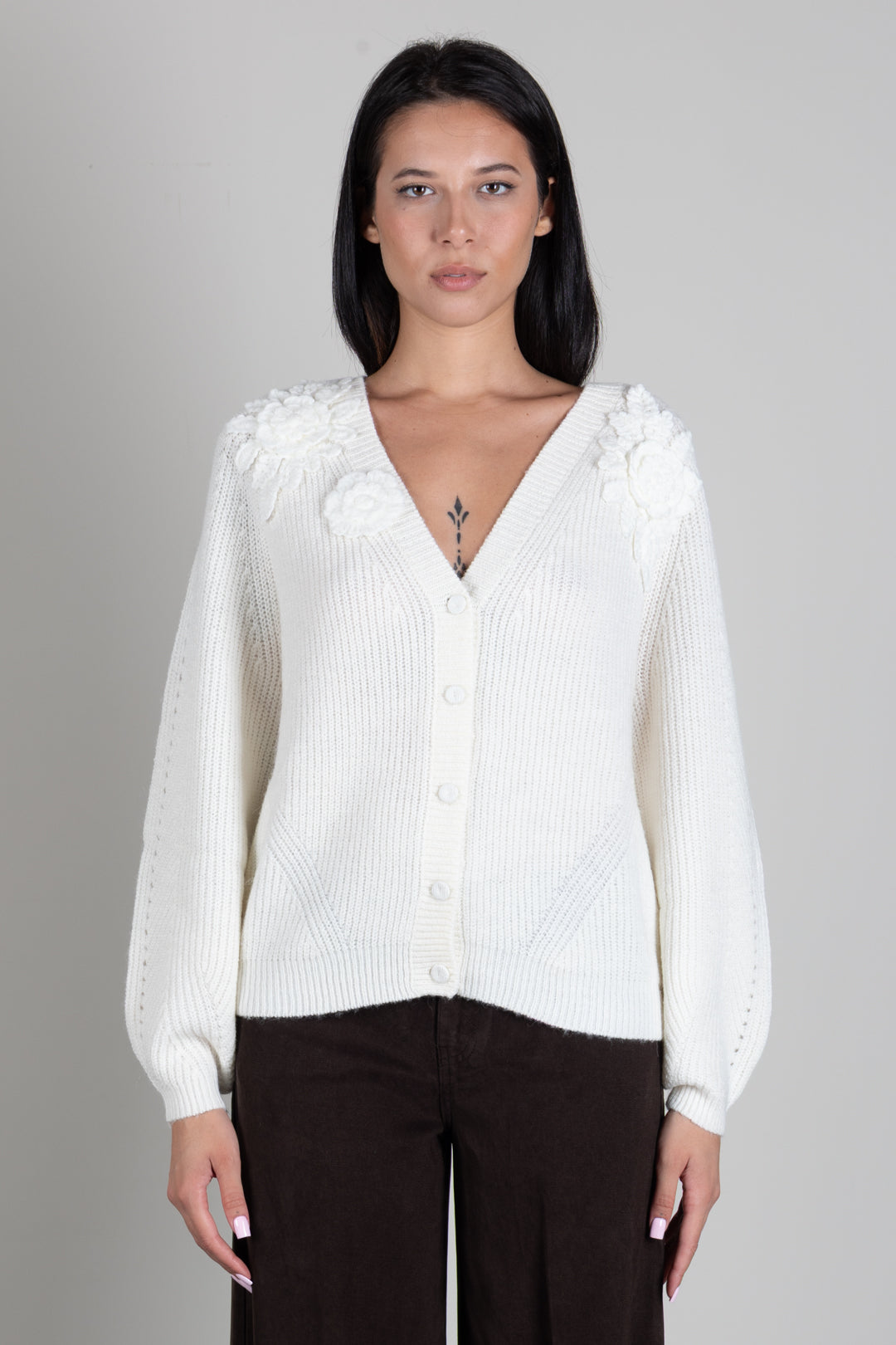 Twin-set Giacca In Misto Lana con Fiori Crochet 262TT3192 MADREPERLA