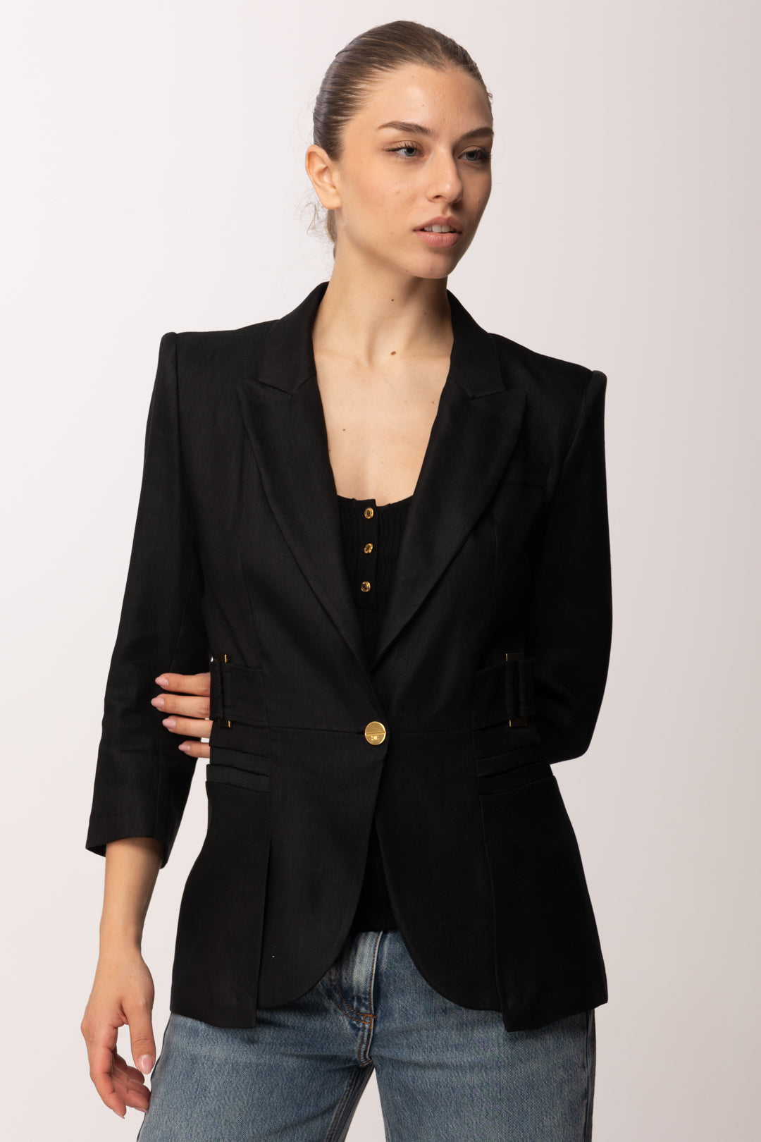 Elisabetta Franchi Giacca In Misto Lino con Manica a Tre Quarti GI23662E2 NERO