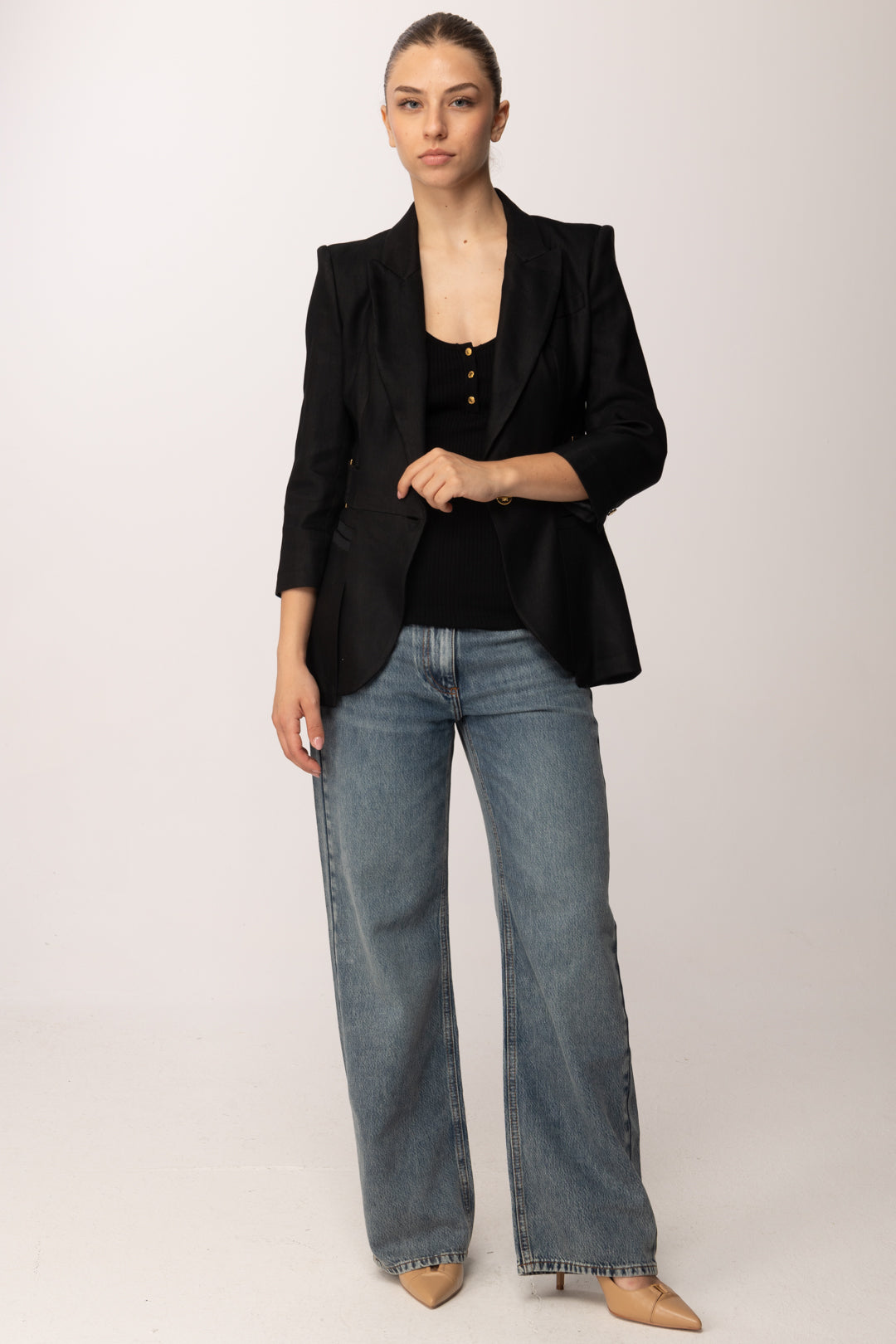 Elisabetta Franchi Giacca In Misto Lino con Manica a Tre Quarti GI23662E2 NERO