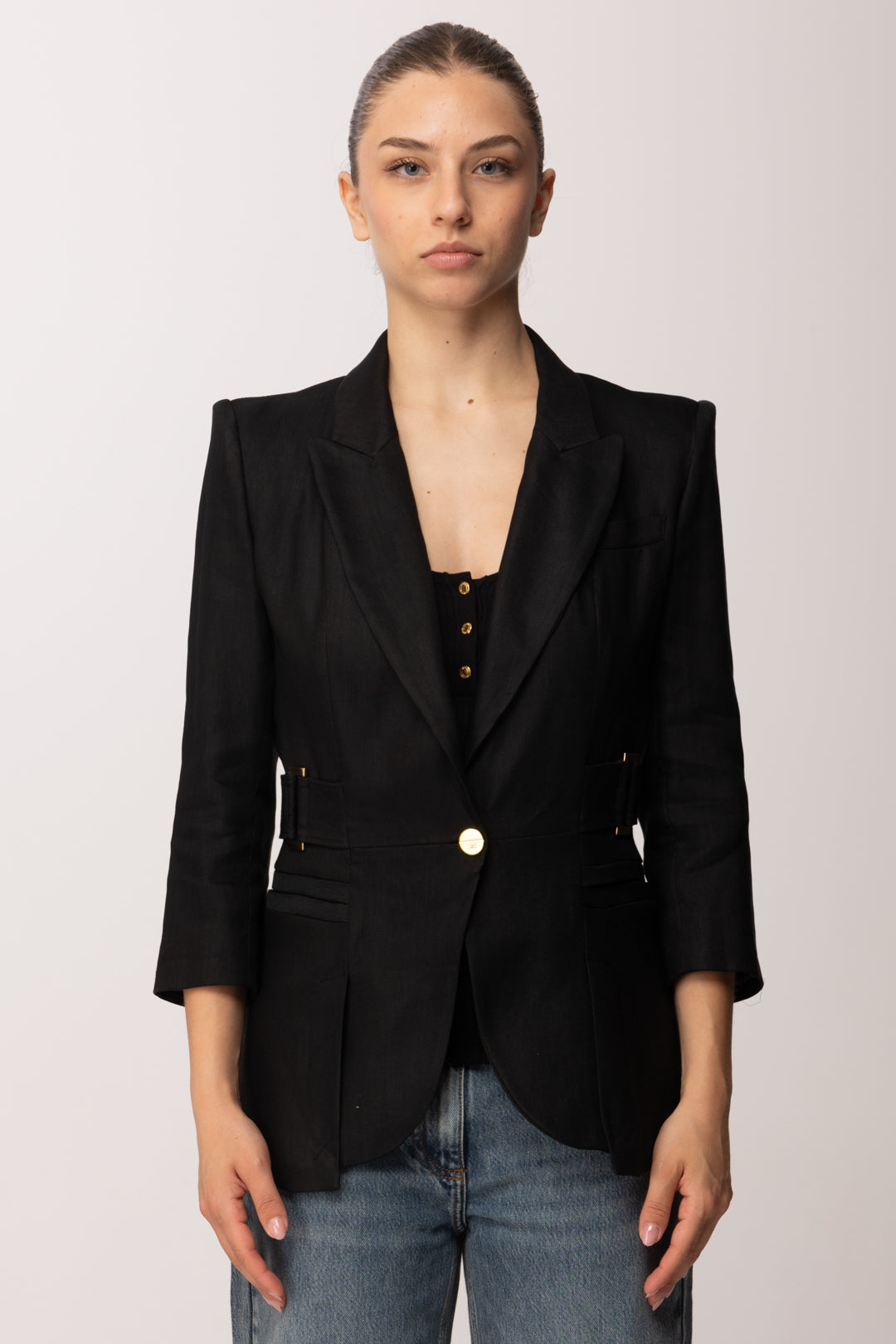 Elisabetta Franchi Giacca In Misto Lino con Manica a Tre Quarti GI23662E2 NERO