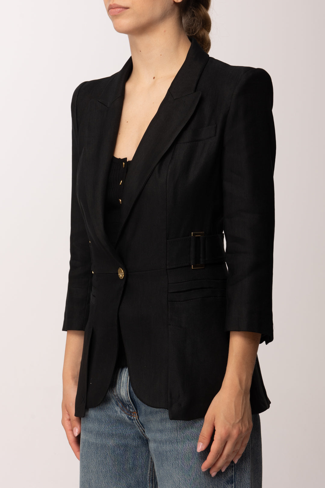 Elisabetta Franchi Giacca In Misto Lino con Manica a Tre Quarti GI23662E2 NERO