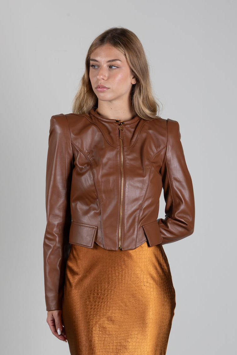 Elisabetta Franchi Giacca In Pelle Aderente con Spalle Strutturate GD06G66E2 SIGARO