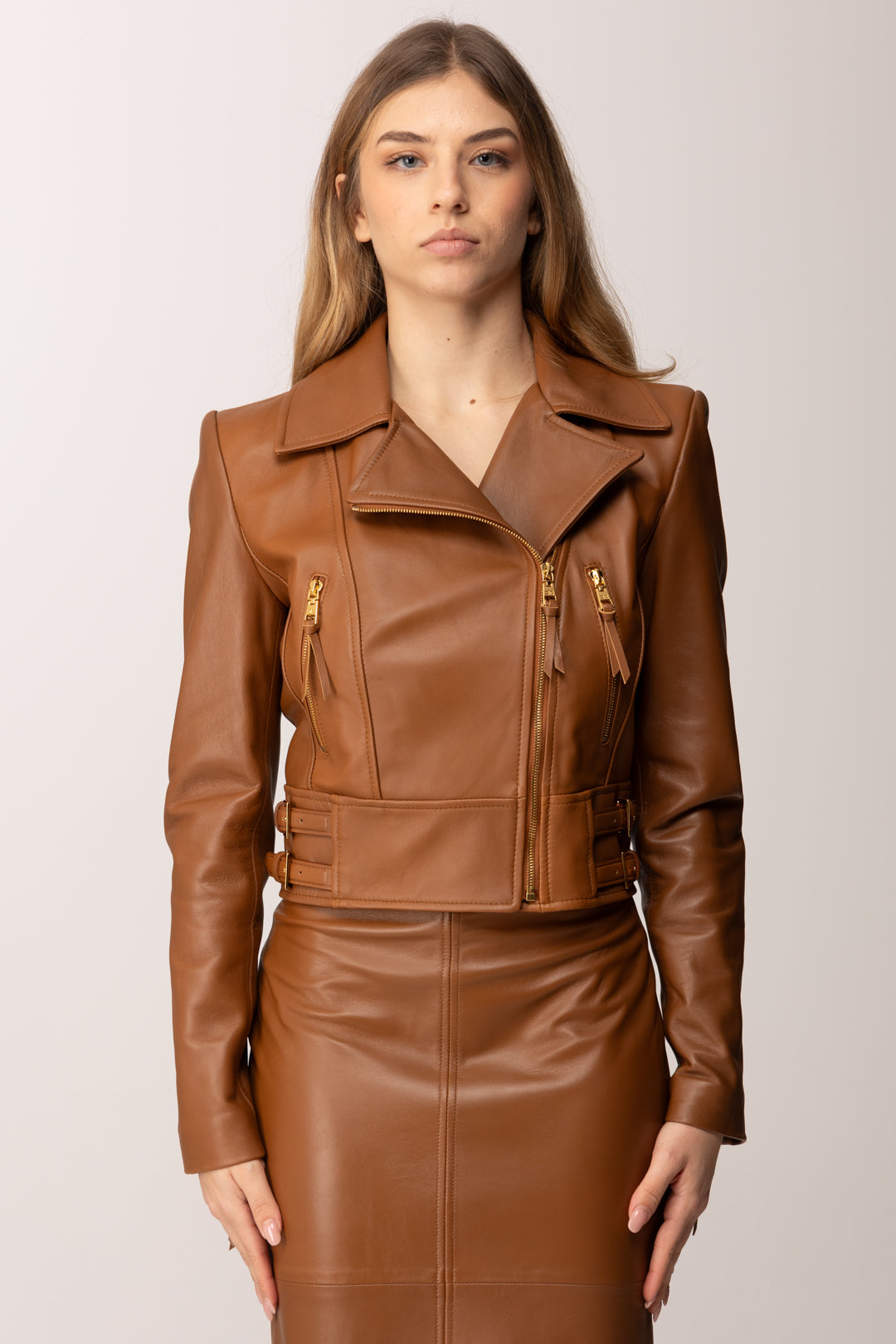 Elisabetta Franchi Woman Leather Jacket with CC on the Back