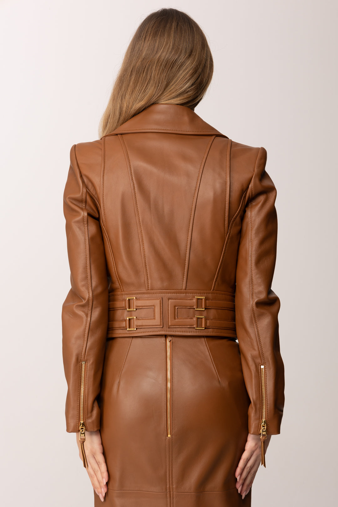 Elisabetta Franchi Giacca In Pelle con Cc Sul Retro GD57Z61E2 CUOIO