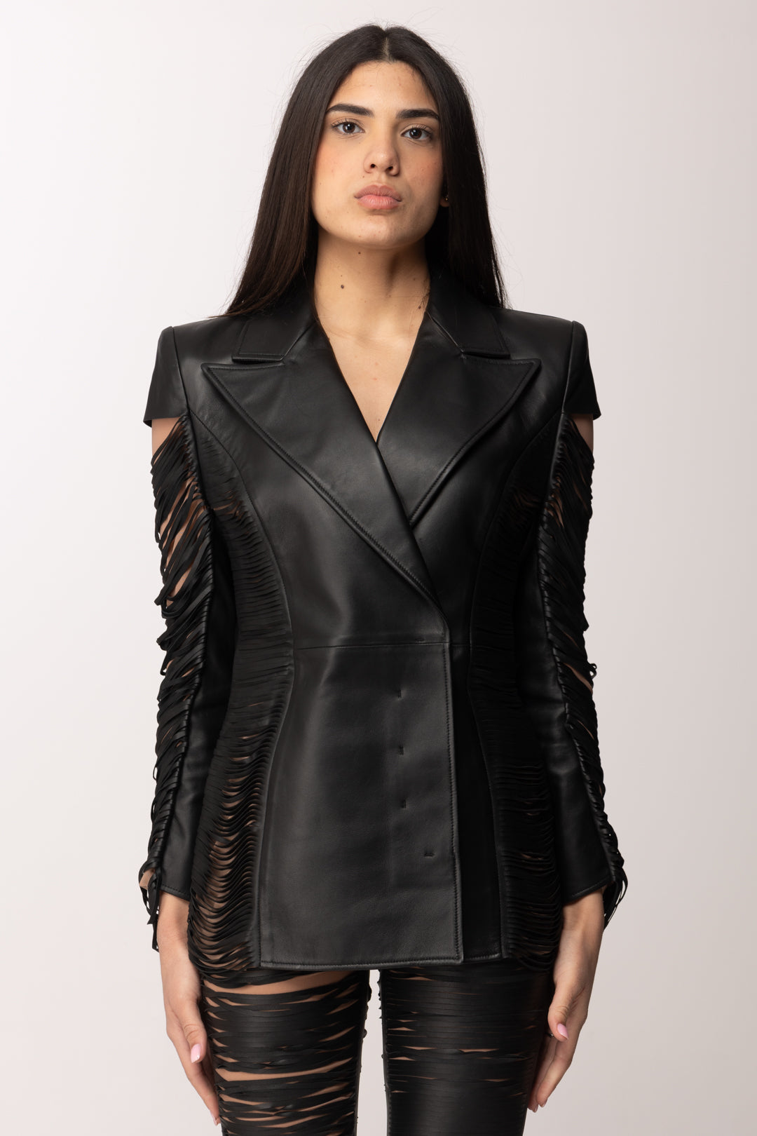 Elisabetta Franchi Giacca In Pelle con Multi-tagli GD61G63E2 NERO