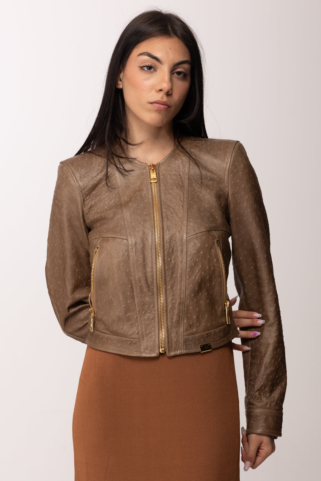 Elisabetta Franchi Giacca In Pelle con Texture 3d Effetto Struzzo GD56Z62E2 ARGILLA