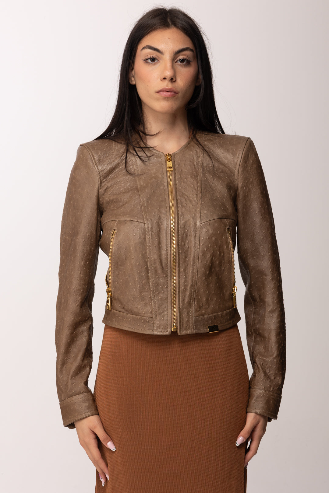 Elisabetta Franchi Giacca In Pelle con Texture 3d Effetto Struzzo GD56Z62E2 ARGILLA
