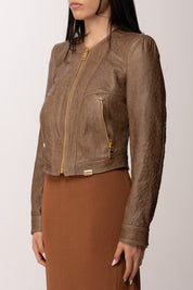 Elisabetta Franchi Giacca In Pelle con Texture 3d Effetto Struzzo GD56Z62E2 ARGILLA