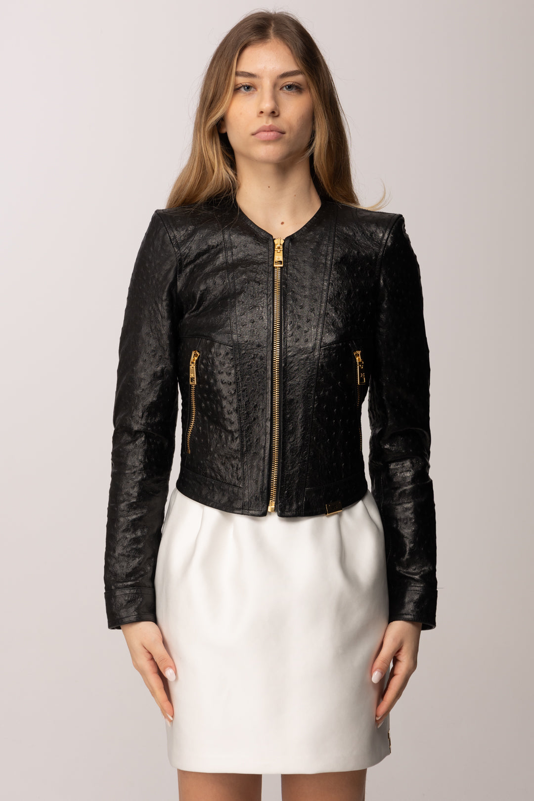 Elisabetta Franchi Giacca In Pelle con Texture 3d Effetto Struzzo GD56Z62E2 NERO