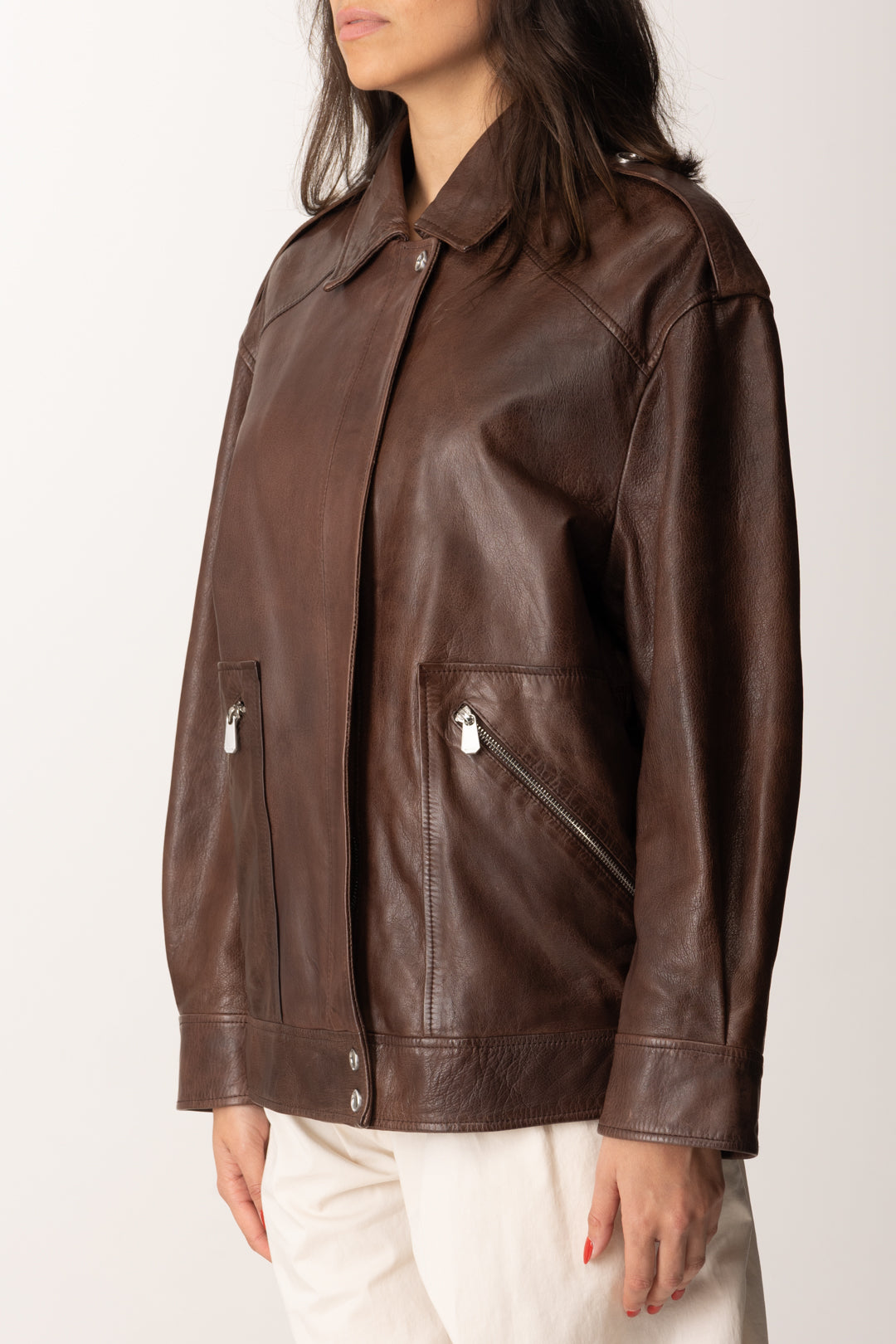 ジャケット PINKO Women Jackets 105012 A2I1M22 Brown Pinko Woman Washed Leather Jacket with Collar 105012 A2I1