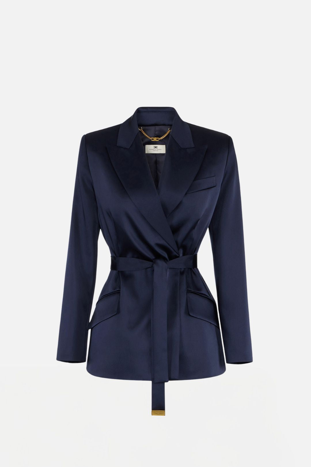 Elisabetta Franchi Giacca In Raso Stretch con Cintura GI27966E2 BLU NOTTE