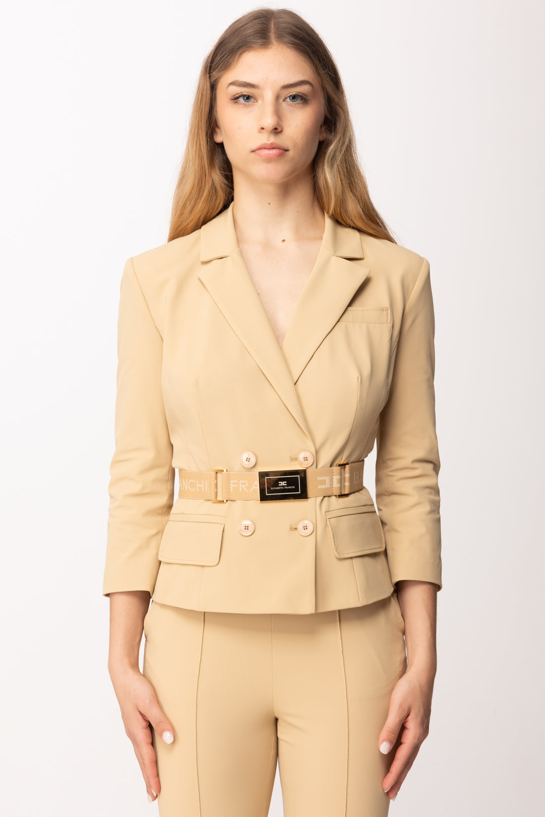 Elisabetta Franchi Giacca In Tessuto Tecnico Bielastico con Cintura GI22461E2 CAMMELLO