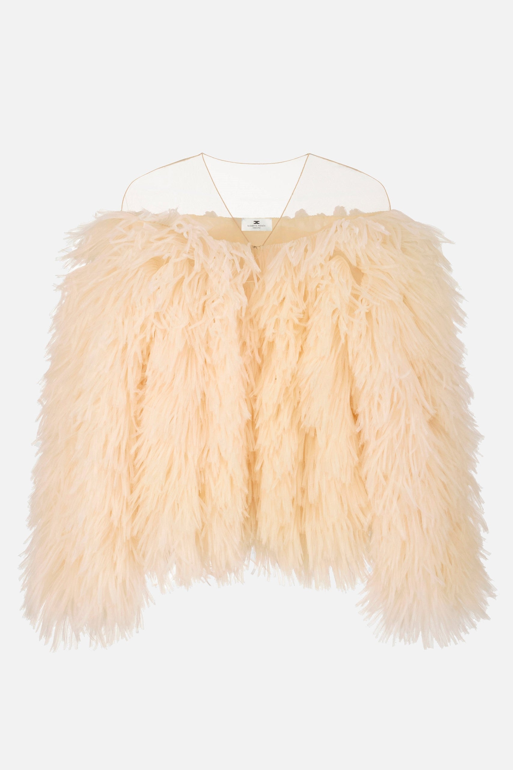 Elisabetta Franchi Giacca In Tulle e Organza con Frange Effetto Piuma IR22J62E2 BURRO