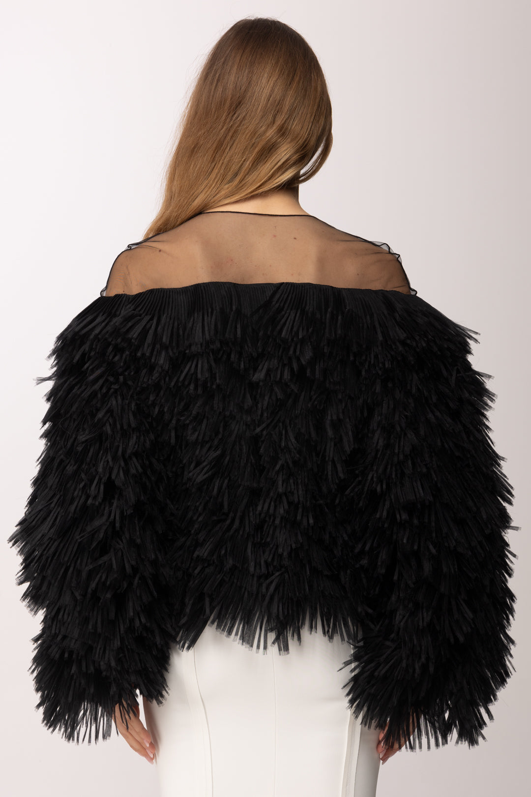 Elisabetta Franchi Giacca In Tulle e Organza con Frange Effetto Piuma IR22J62E2 NERO