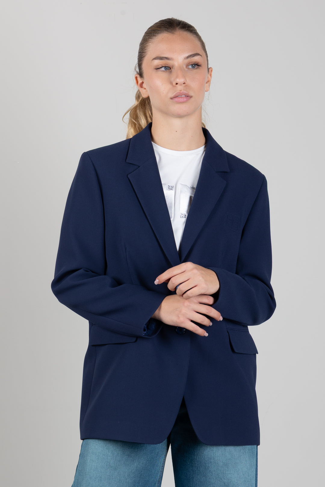 Elisabetta Franchi Bambina Giacca Inblazer Monopetto In Crêpe con Logo Ricamato EFGC0840GA022.4062