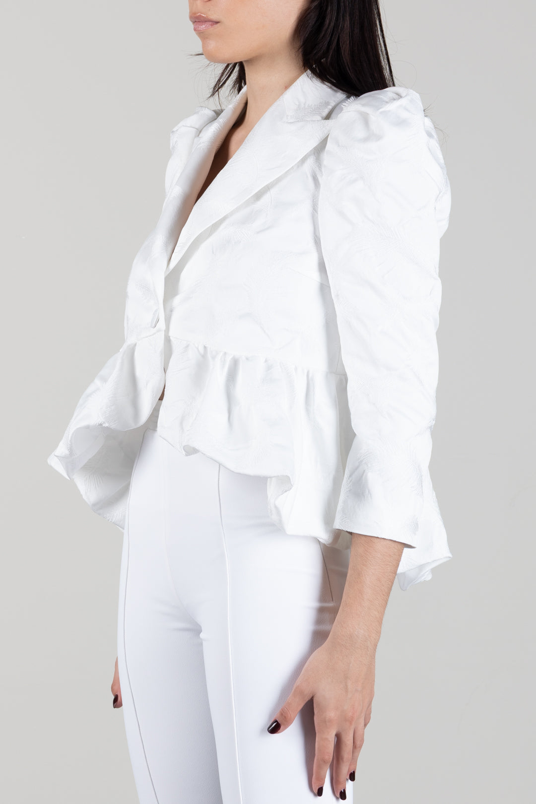 Elisabetta Franchi Giacca Jacquard con Baschina e Maniche a Sbuffo GI29467E2 AVORIO
