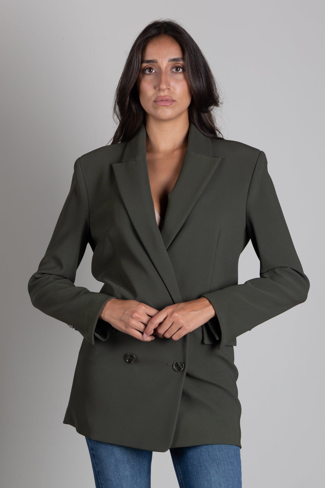 Patrizia Pepe Giacca Lunga Doppiopetto con Spalle Strutturate 8S0106 C8001 MYSTERIOUS GREEN