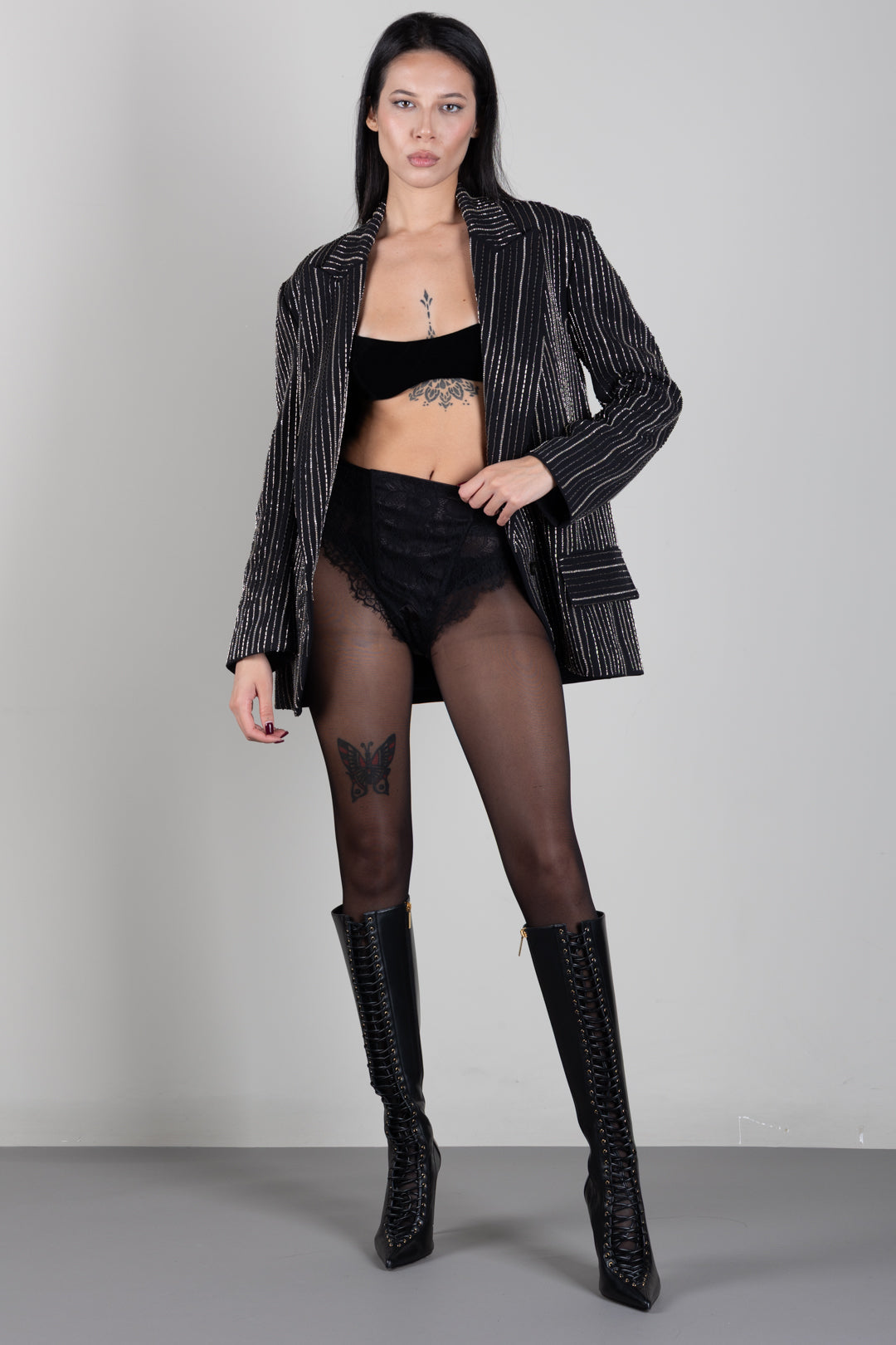 Elisabetta Franchi Giacca Monopetto Gessata con Righe Luminose GI28568E2 NERO
