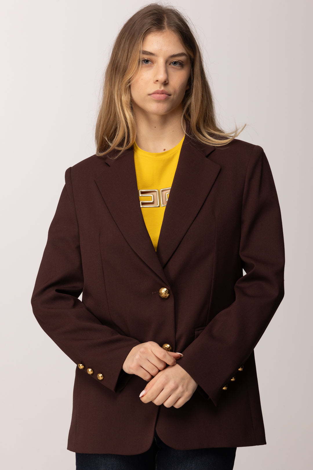 Elisabetta Franchi Giacca Monopetto In Fresco Lana con Placche Gioiello GI23962E2 CACAO