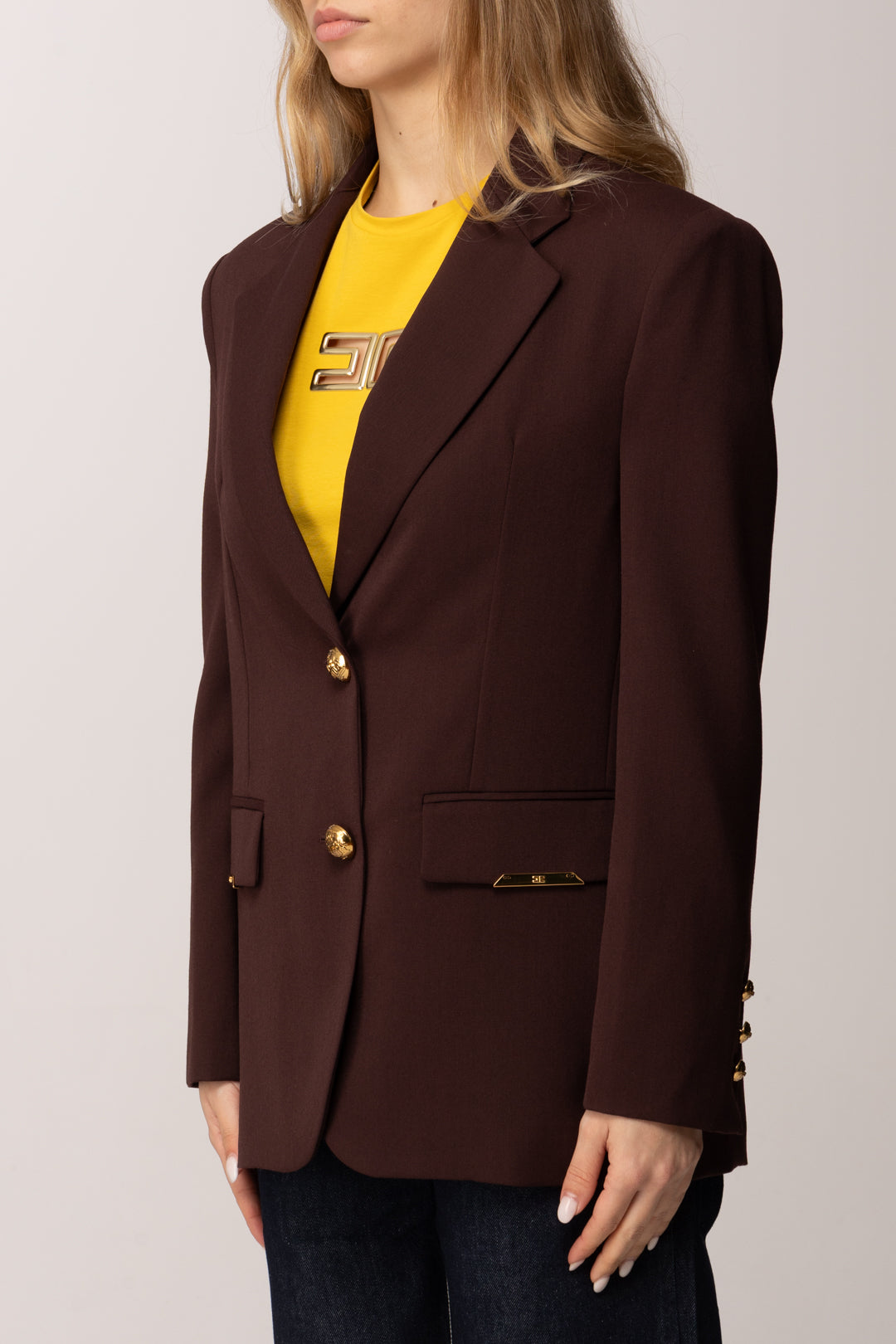 Elisabetta Franchi Giacca Monopetto In Fresco Lana con Placche Gioiello GI23962E2 CACAO