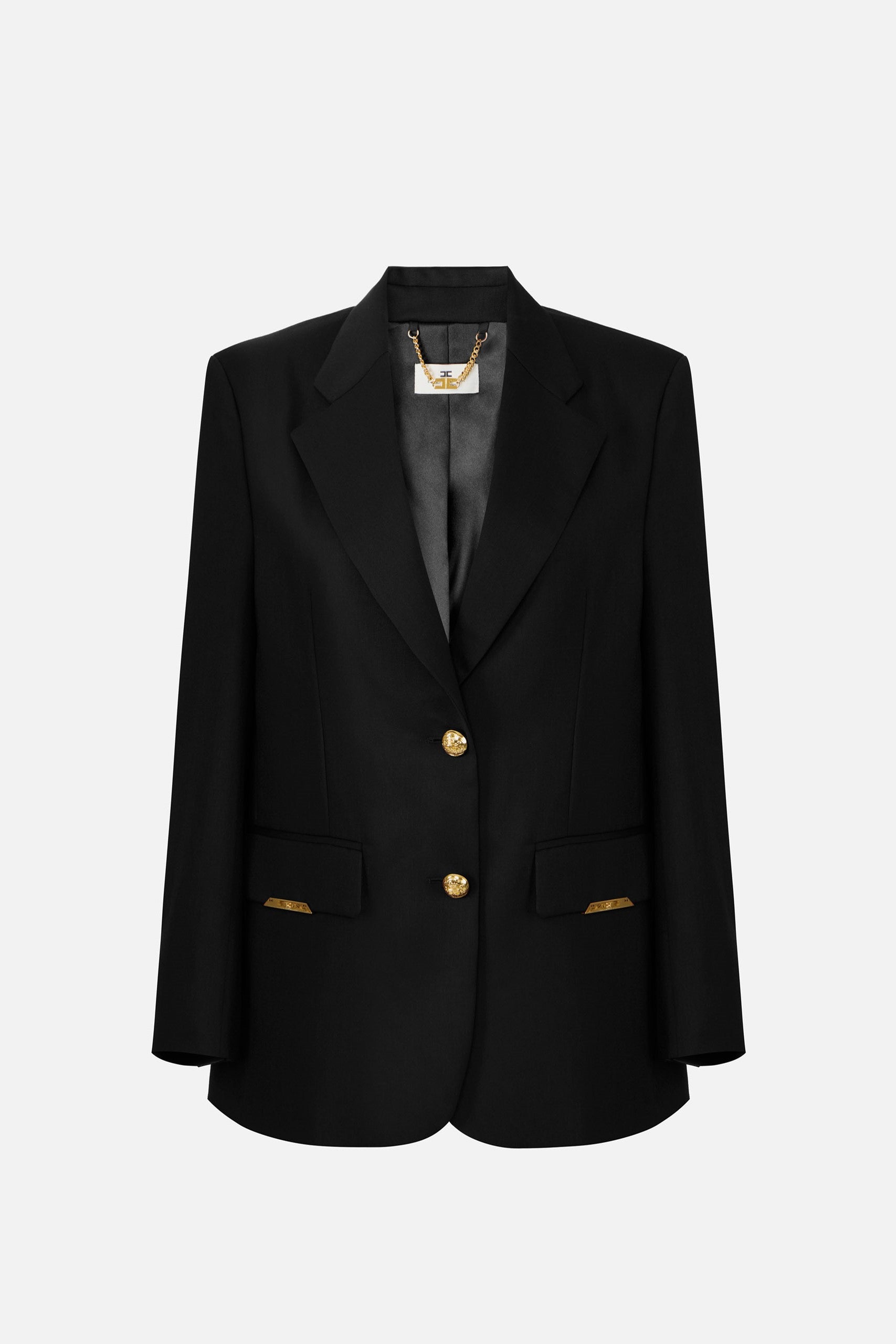 Elisabetta Franchi Giacca Monopetto In Fresco Lana con Placche Gioiello GI23962E2 NERO