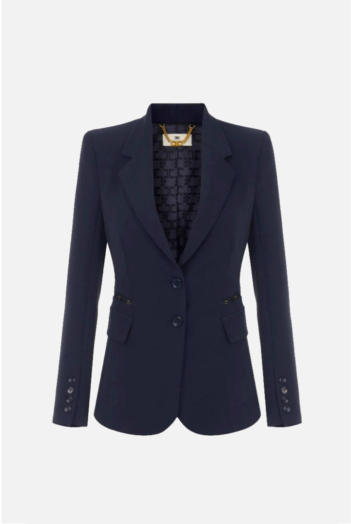 Elisabetta Franchi Giacca Monopetto In Gabardina Fluida con Rever Classici GI27267E2 BLU NOTTE