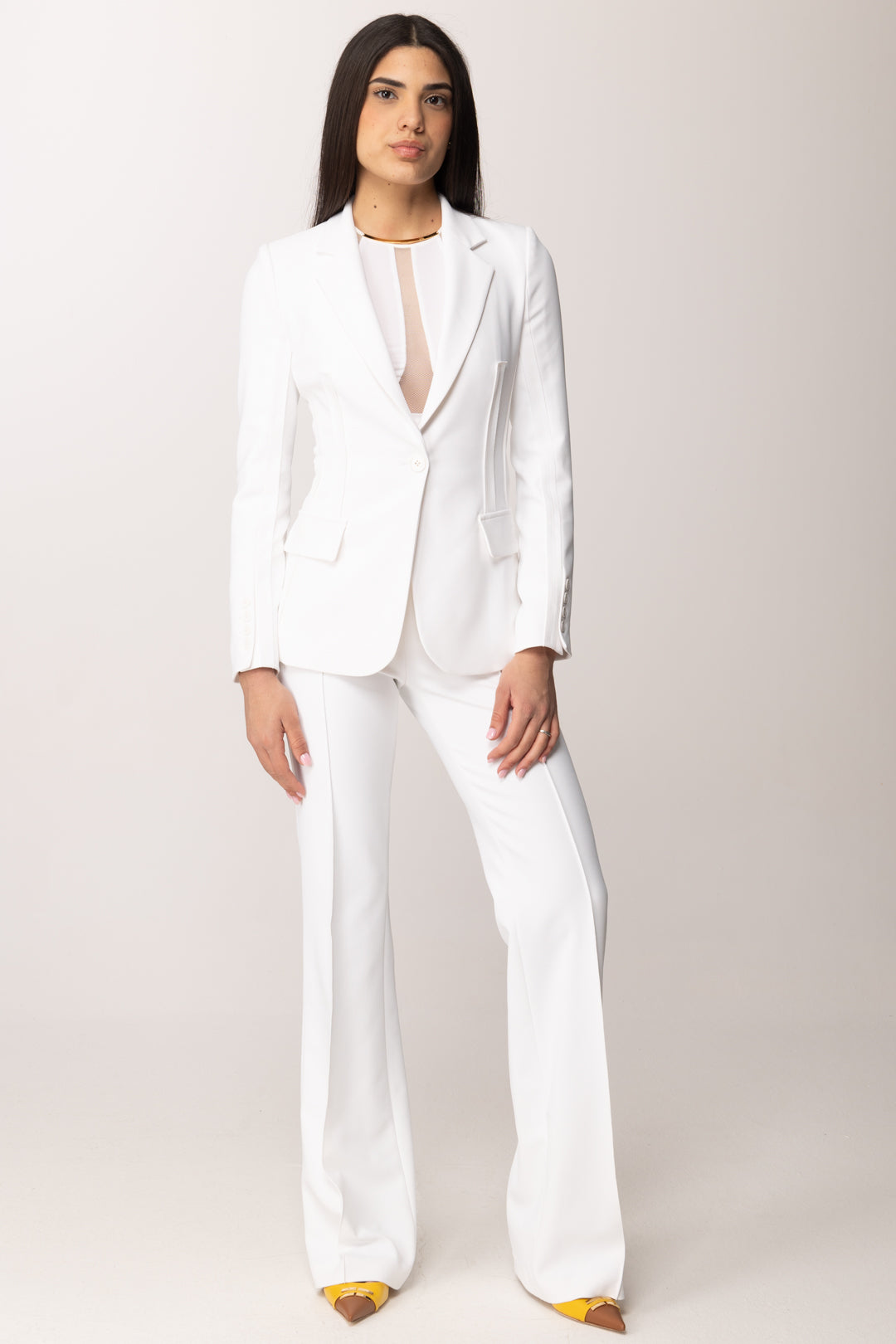 Elisabetta Franchi Giacca Stretch con Motivi a Taglio Vivo GI21661E2 AVORIO