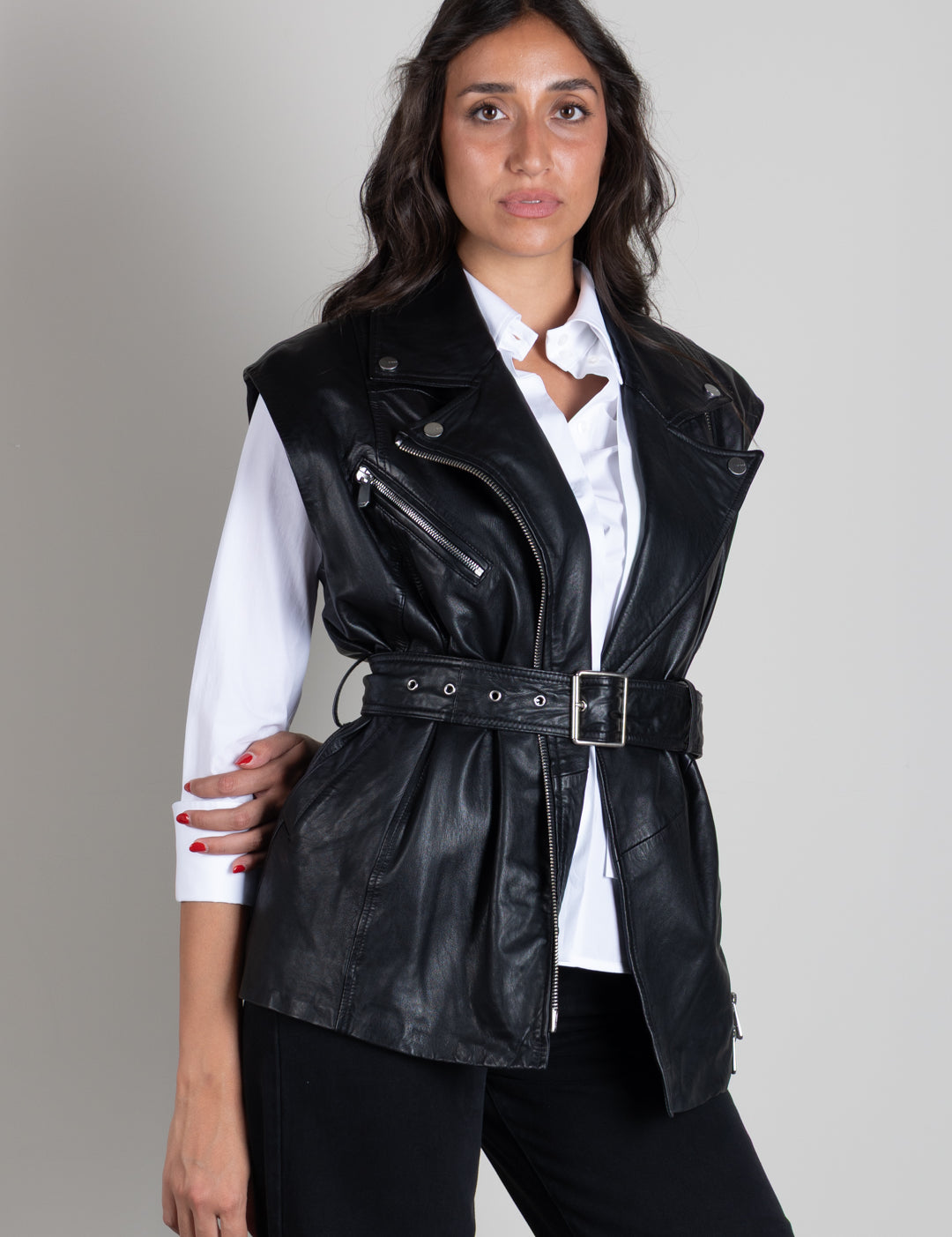 Pinko Gilet Biker In Pelle con Cintura 106232 A31X Z99