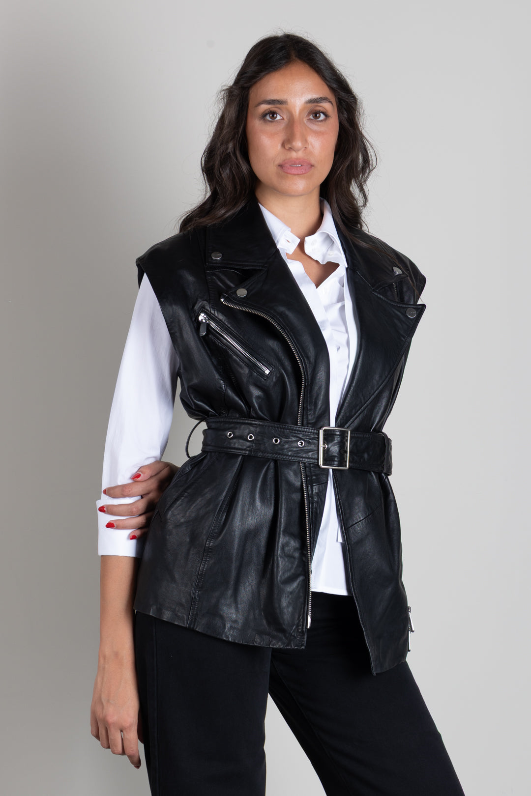 Pinko Gilet Biker In Pelle con Cintura 106232 A31X Z99