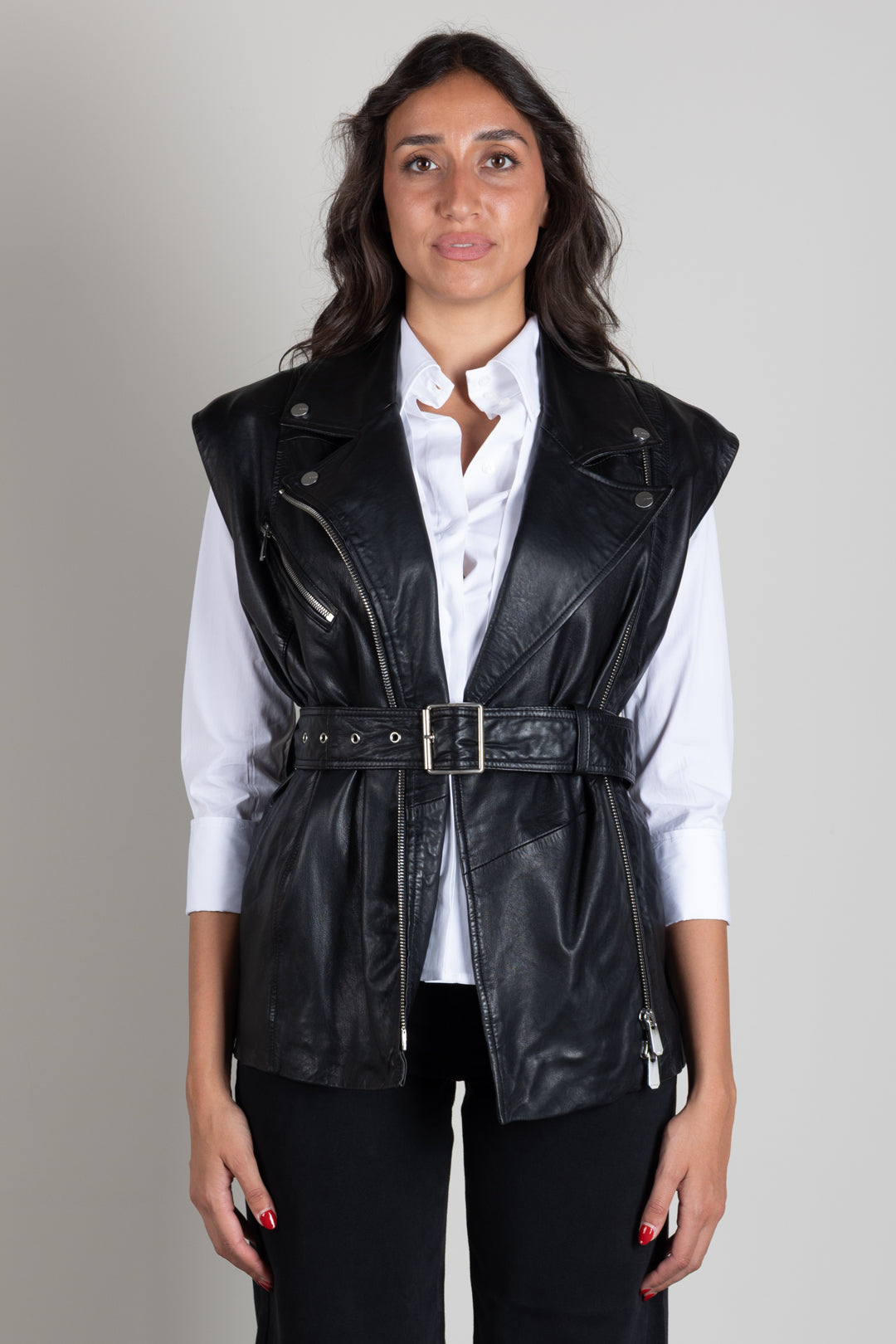 Pinko Gilet Biker In Pelle con Cintura 106232 A31X Z99