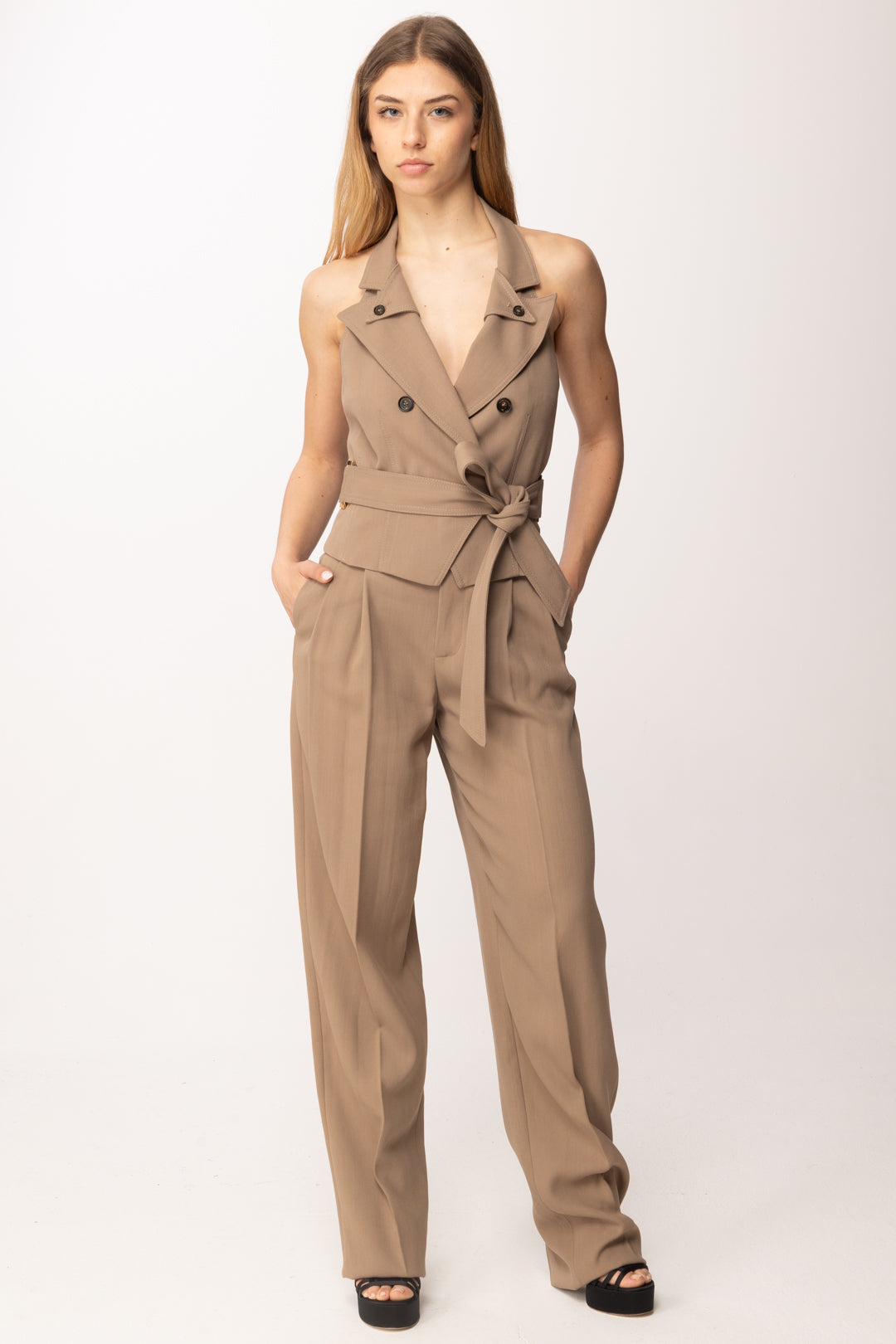 Elisabetta Franchi Gilet In Gabardina con Cintura GL00561E2 ARGILLA
