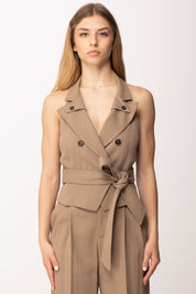 Elisabetta Franchi Gilet In Gabardina con Cintura GL00561E2 ARGILLA