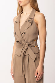 Elisabetta Franchi Gilet In Gabardina con Cintura GL00561E2 ARGILLA