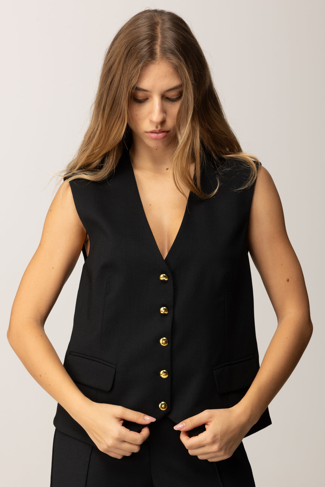 Pinko Gilet In Lana con Bottoni Gioiello NERO LIMOUSINE