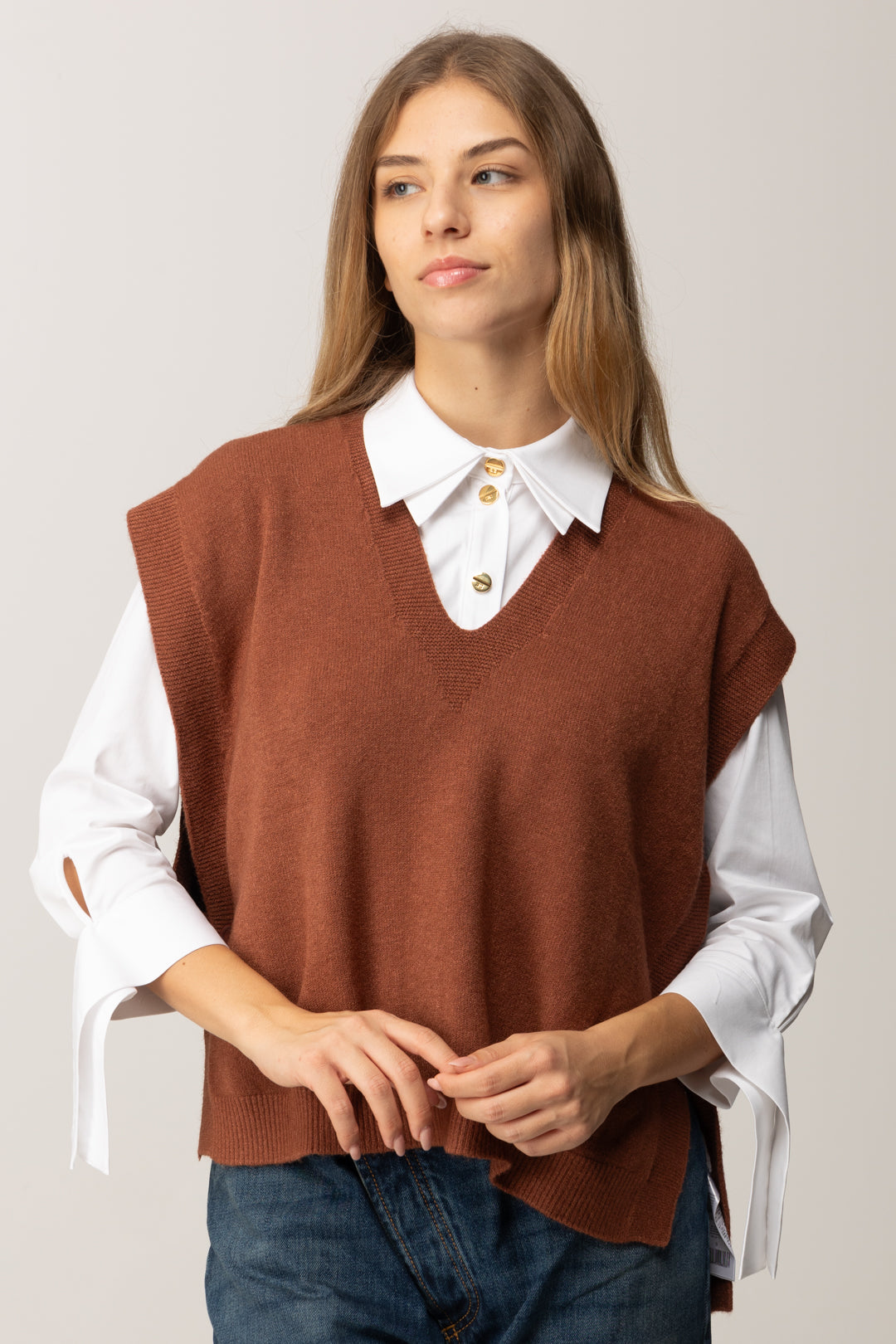 Manila Grace Gilet In Maglia con Scollo a V M436VU COGNAC