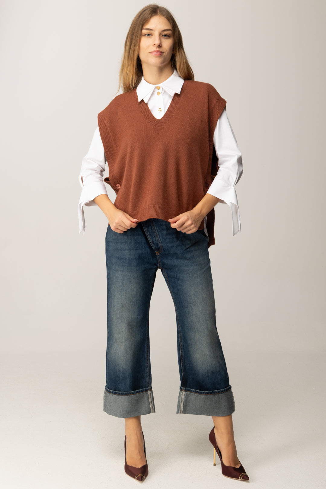 Manila Grace Gilet In Maglia con Scollo a V M436VU COGNAC