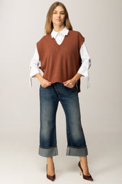 Manila Grace Gilet In Maglia con Scollo a V M436VU COGNAC