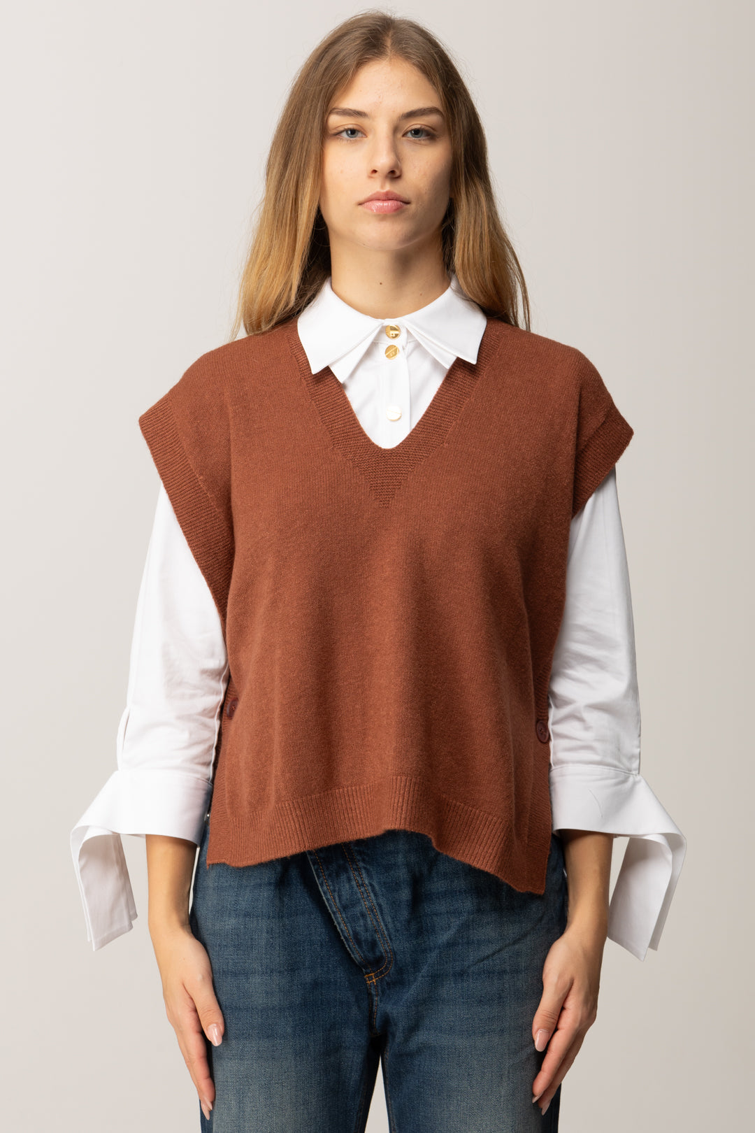 Manila Grace Gilet In Maglia con Scollo a V M436VU COGNAC