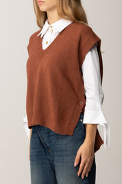 Manila Grace Gilet In Maglia con Scollo a V M436VU COGNAC