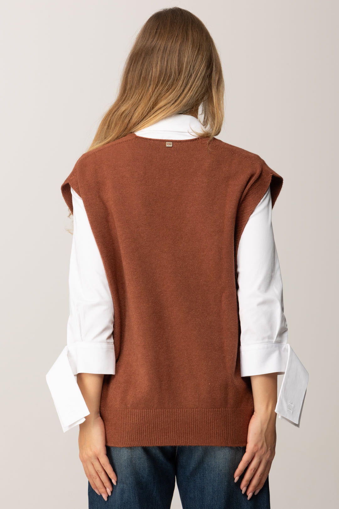 Manila Grace Gilet In Maglia con Scollo a V M436VU COGNAC