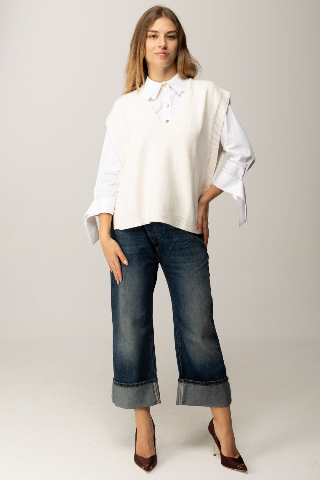 Manila Grace Gilet In Maglia con Scollo a V M436VU OFF WHITE