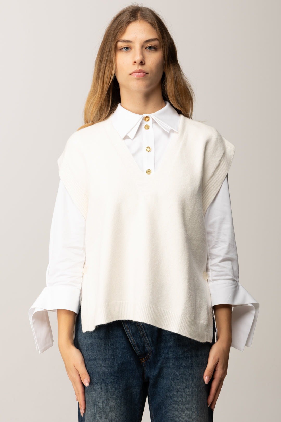 Manila Grace Gilet In Maglia con Scollo a V M436VU OFF WHITE