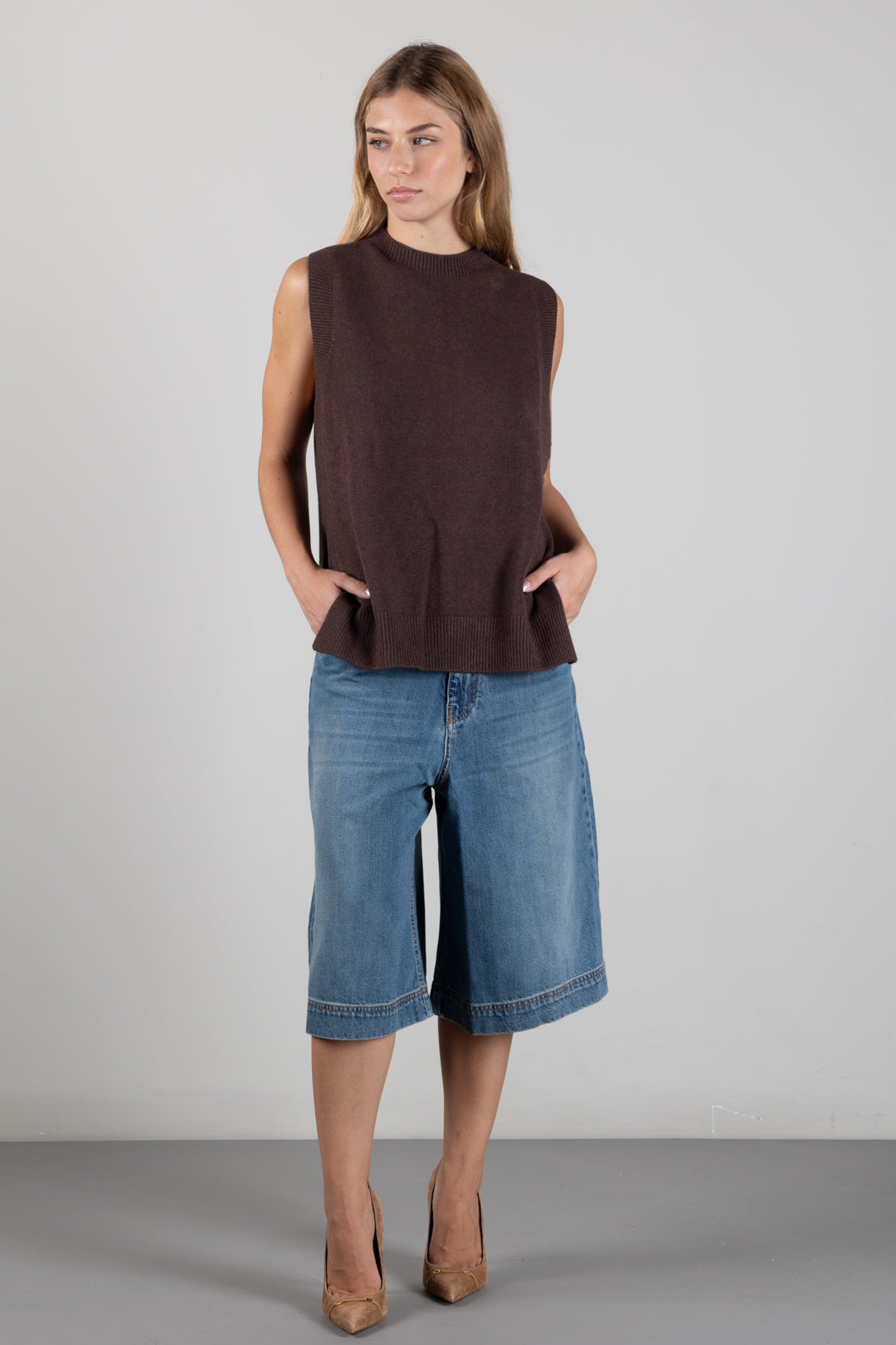 Manila Grace Gilet In Maglia con Spacchi Laterali M473VU POTTING SOIL :AI26
