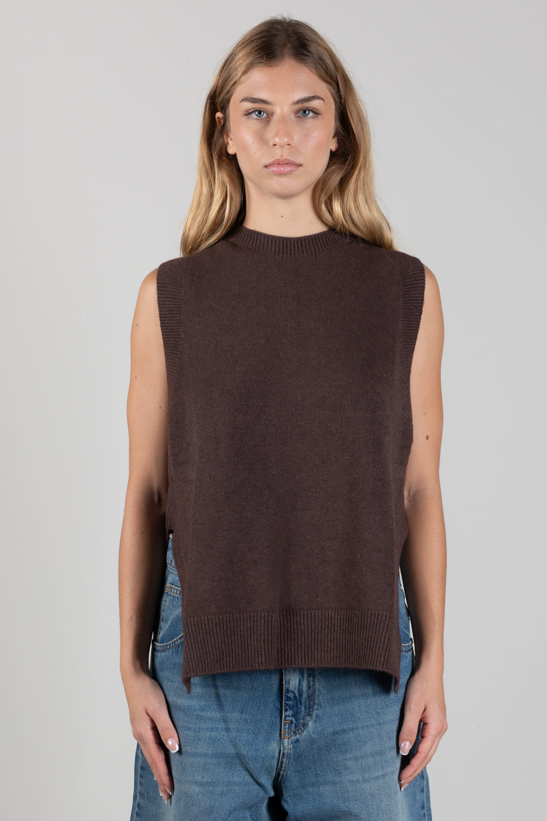 Manila Grace Gilet In Maglia con Spacchi Laterali M473VU POTTING SOIL :AI26